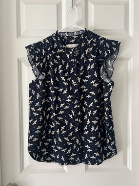 LOFT Navy Floral Flutter Sleeve Button-Front Blouse